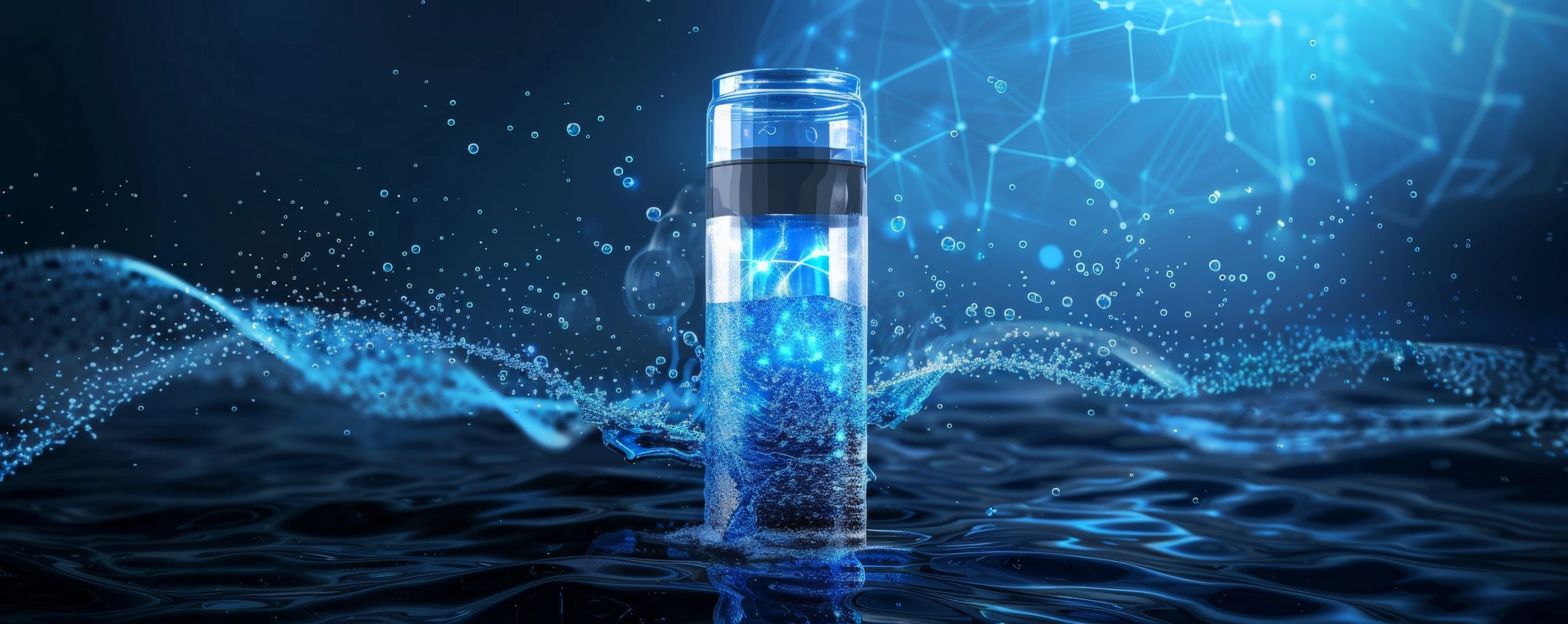 A high-tech water bottle with built-in filtration, showcasing the process of purifying water as it